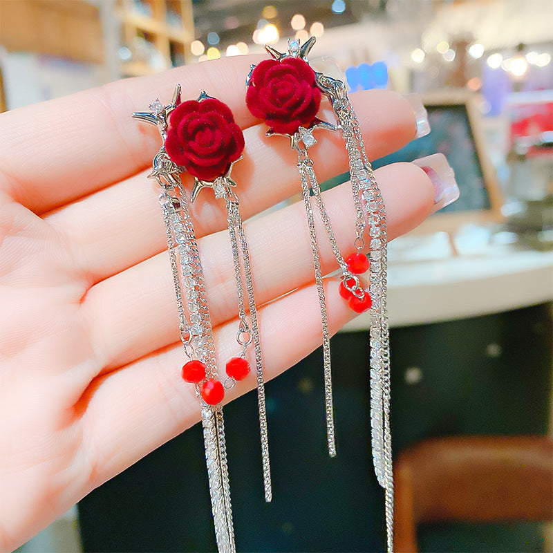 Dark Rose Ear Clip One-piece Chain Earrings