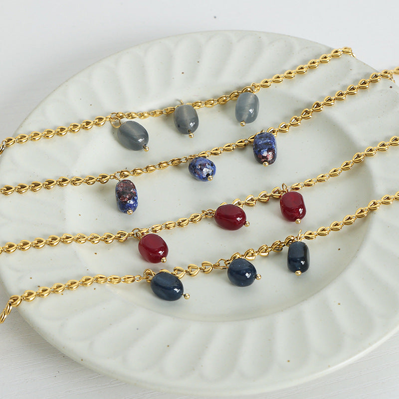 Women's Simple Titanium Steel Gold Plated Natural Lapis Necklaces