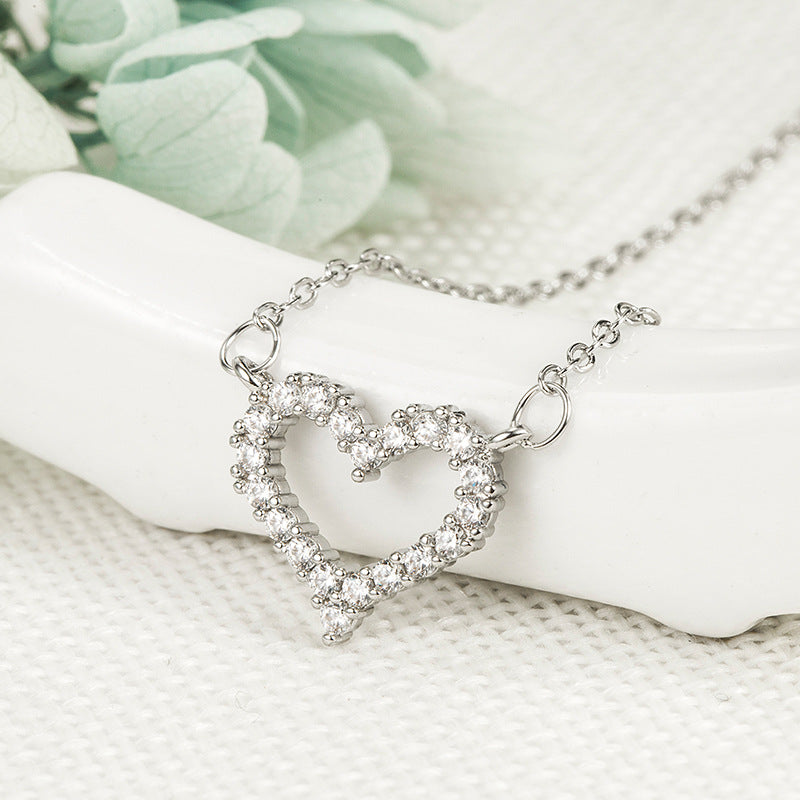 Heart-shaped Sier Full Diamond Pendant Cross Classic Necklaces