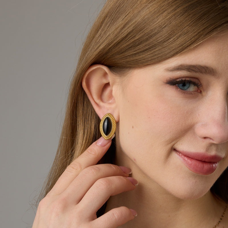 Affordable Luxury Style Braided Border Horse Eye Black Gold Niche Stud Earrings
