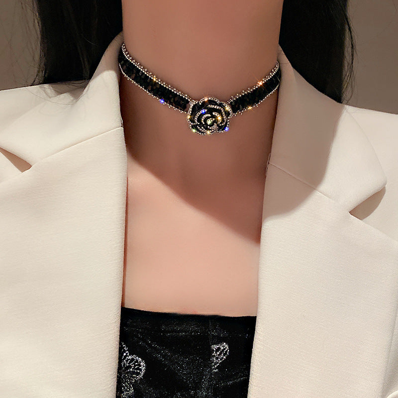 Women's Black Crystal Rose Flower Fashion Design Short Clavicle Necklaces