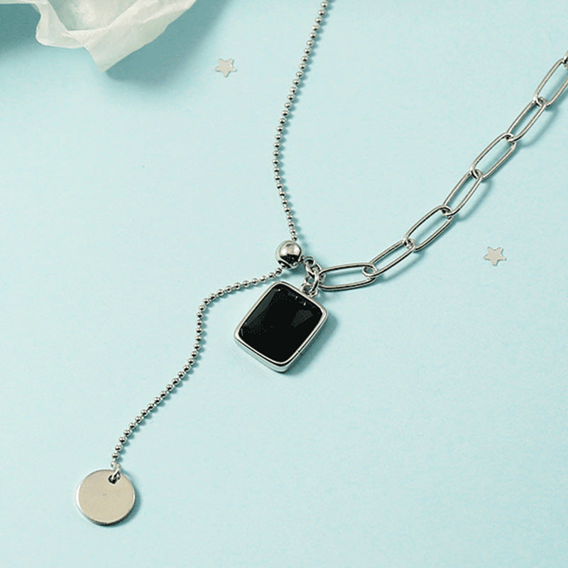 Women's Square Tassel Shaft Pull Geometric Black Agate Necklaces