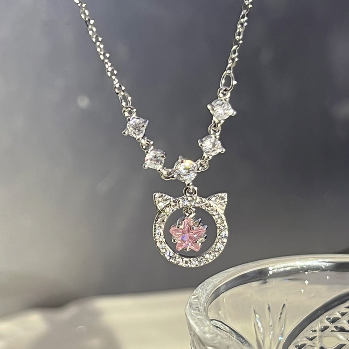 Sterling-Halsketten mit Girly-Tier-Kitty-Anhänger und rosa Diamanten für Damen