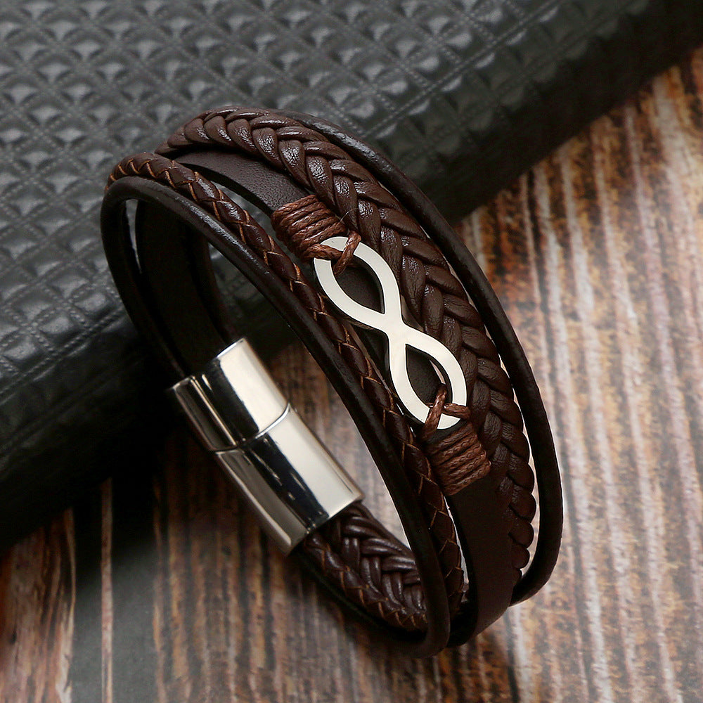 Men's Cowhide Simple Titanium Steel Handmade Leather Bracelets