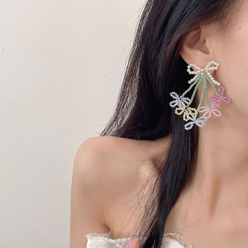 Boucles d'oreilles de Niche perlées à pampilles de fleurs de couleur contrastée d'été pour femmes