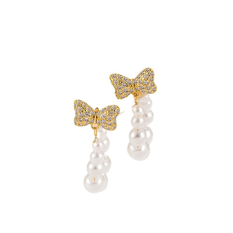 Women's Full Diamond Bow Pearl For Sweet Elegant Earrings