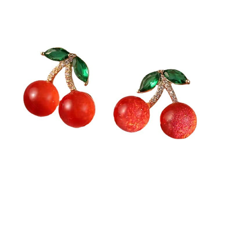 Sier Needle Red Cherry Fruit Starry Earrings