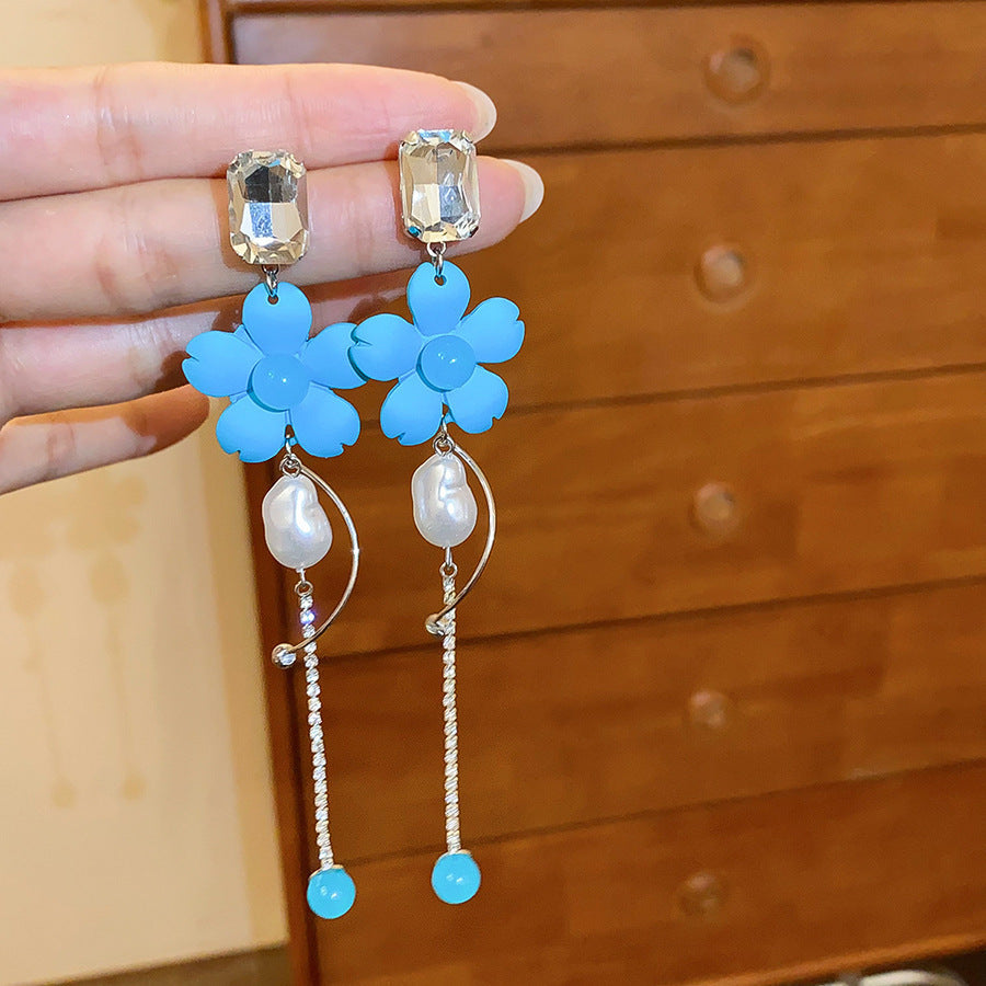 Sier Needle Water Drop Pearl Tassel Long Retro Rings