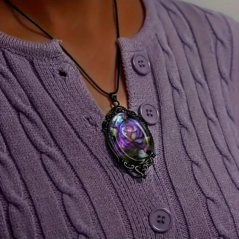 Flowers Print Black Frame Glass Chain Romantic Gift Necklaces