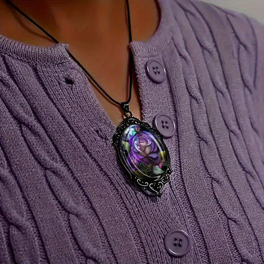 Flowers Print Black Frame Glass Chain Romantic Gift Necklaces