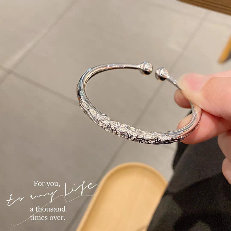 Sier-plated Silk Double Beads Open-ended Drunk Flower Solid Bracelet