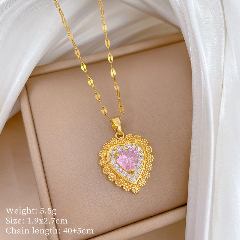 Women's Titanium Steel Pink Heart-shaped Full Of Necklace