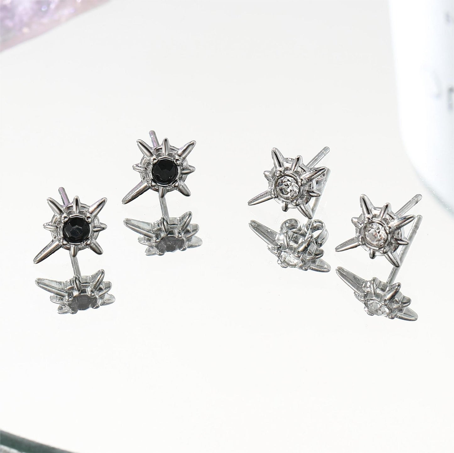 Women's & Men's Black White Titanium Steel Eight Awn Star Inlaid Zircon Rings