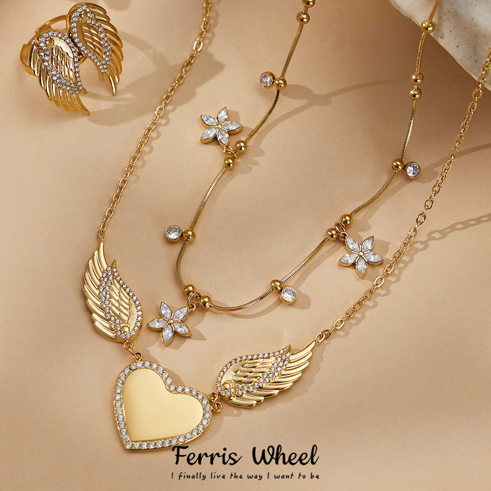 Steel Diamond Wings Double Heart Shape Clavicle Adjustable Opening Super Jewelry Set
