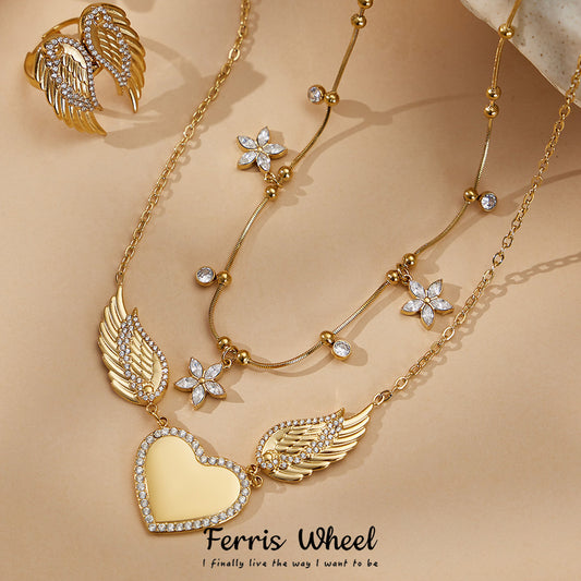 Steel Diamond Wings Double Heart Shape Clavicle Adjustable Opening Super Jewelry Set
