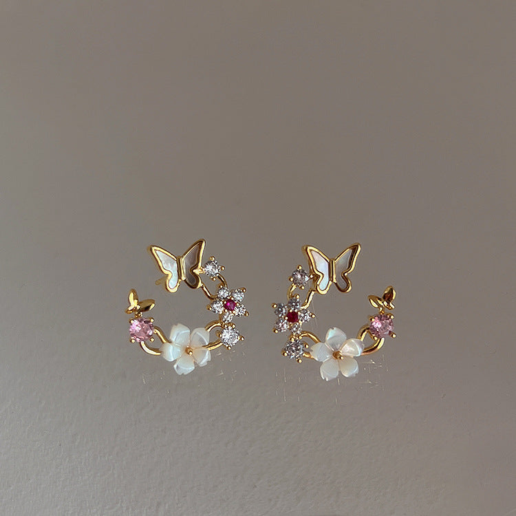 Super Fairy Zircon Shell Flower Butterfly Female Simple Earrings