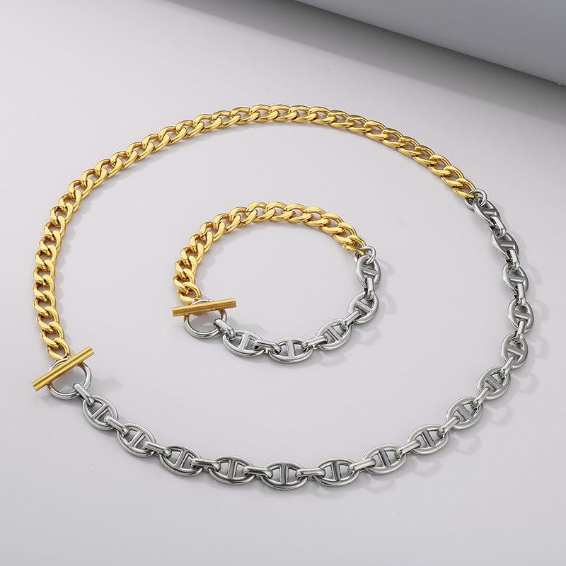 Men's Fashion Trendy Patchwork Double Color Chain Figaro Jewelry Set
