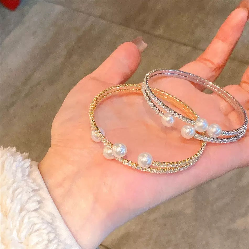 Women's Fashion Two-row Pearl Open Rhinestone Can Replace Stick Mark Bracelets