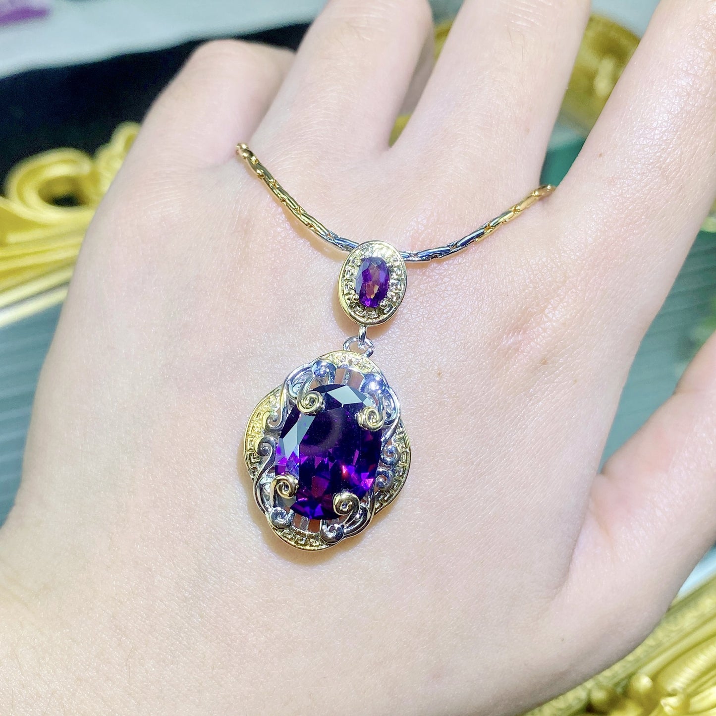 Italian Retro Craft Purple Diamond Gold Amethyst Rings