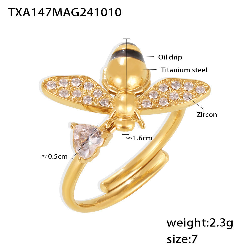 Fashion Dripping Zircon Industrious Bee Textured Titanium Earrings