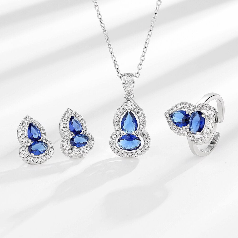 Artificial Sapphire Gourd Water Drop Ear Jewelry Set