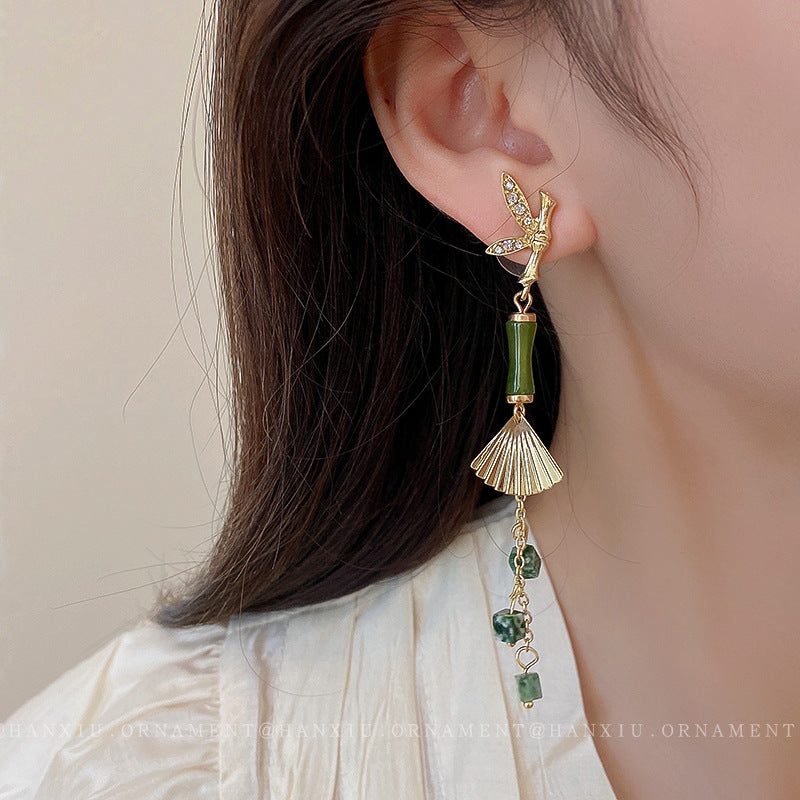 Women's Sier Needle Bamboo Fan-shaped Tassel Chinese Earrings