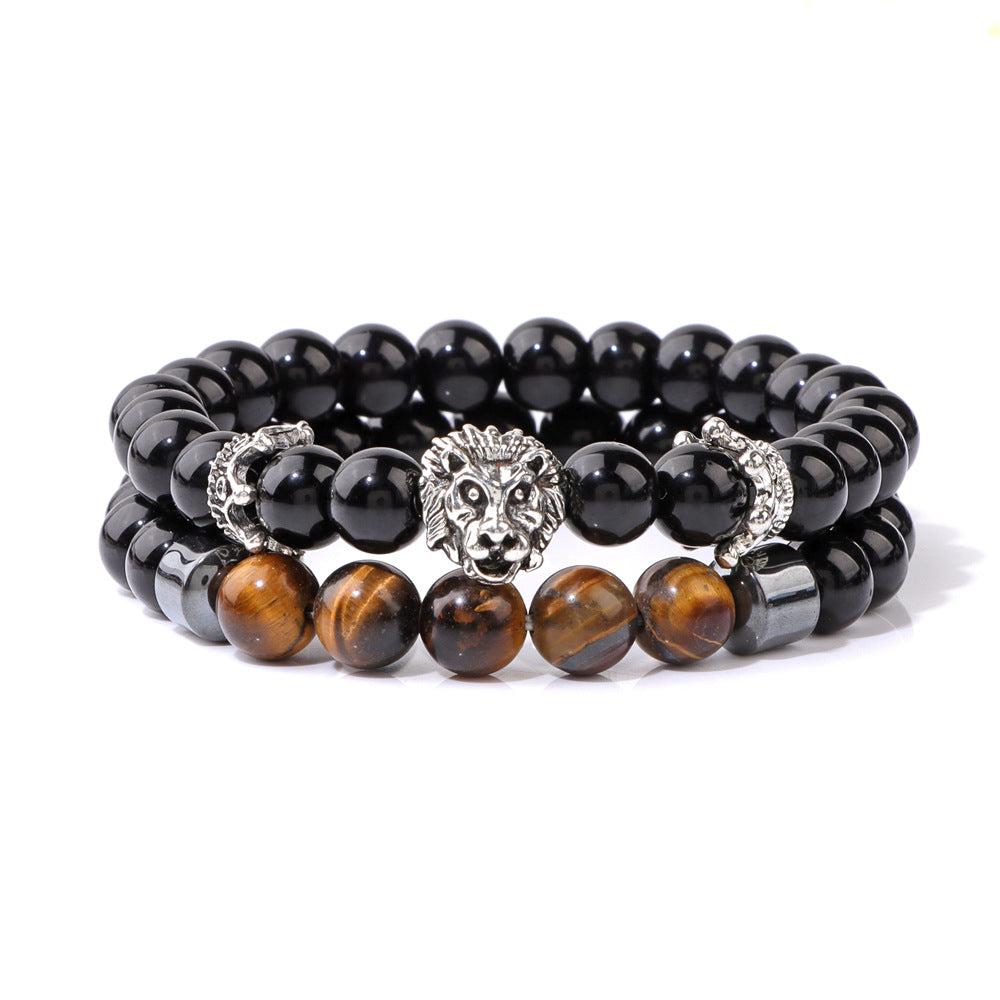 Men's Natural Stone Beads Retro Business Bright Black Lion's Bracelet