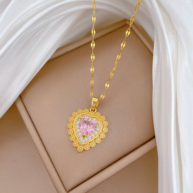 Women's Titanium Steel Pink Heart-shaped Full Of Necklace