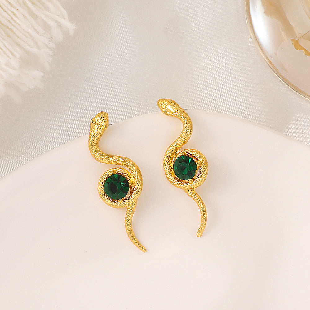 Boucles d'oreilles en forme de serpent pour femmes, mode rétro, enroulement émeraude, simulation de serpent