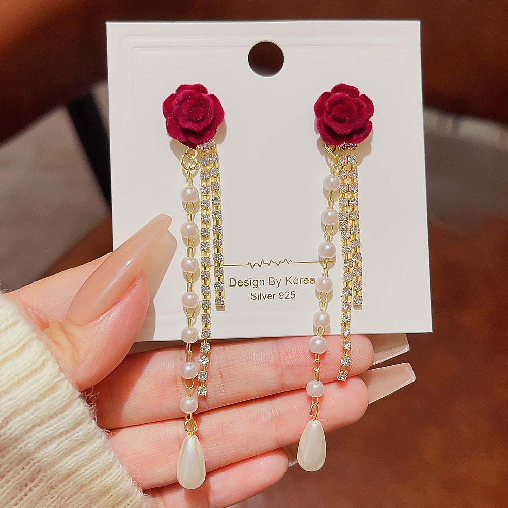 Camellia Long Red Personality Elegant Tassel Earrings