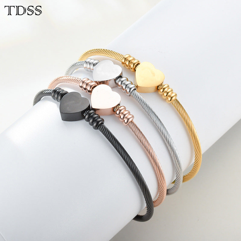 Stainless Steel Cable Wire Titanium Peach Heart Love Lettering Bracelet