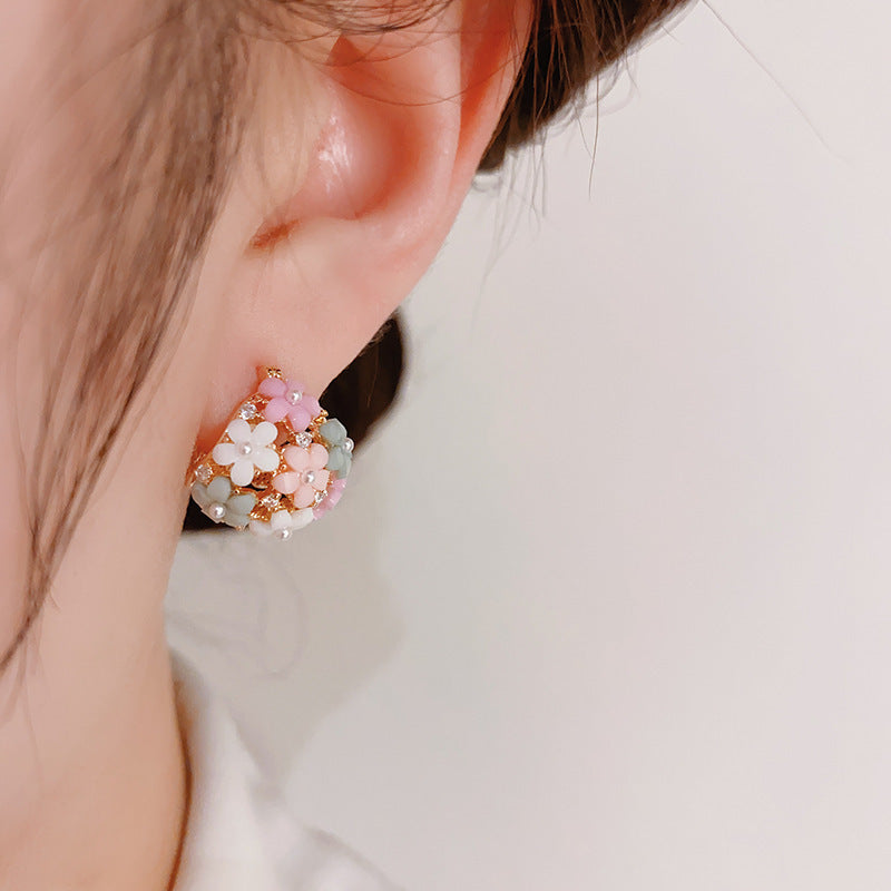 Women's Stylish Zircon Pearl Flower Basket Clip Niche Design Ear Buckle