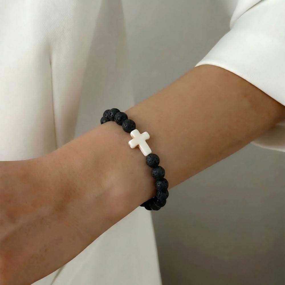 Cross Natural Stone Beaded Tigereye Volcanic Rock Adjustable Bracelet