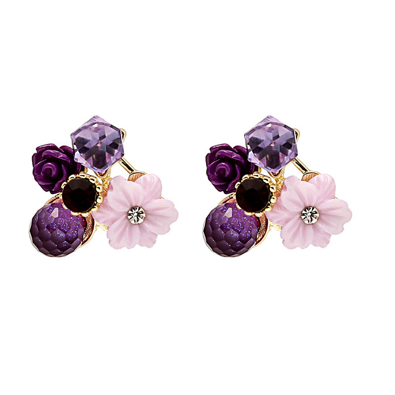 Boucles d'oreilles féeriques en cristal opale et diamant violet, aiguille, fleur