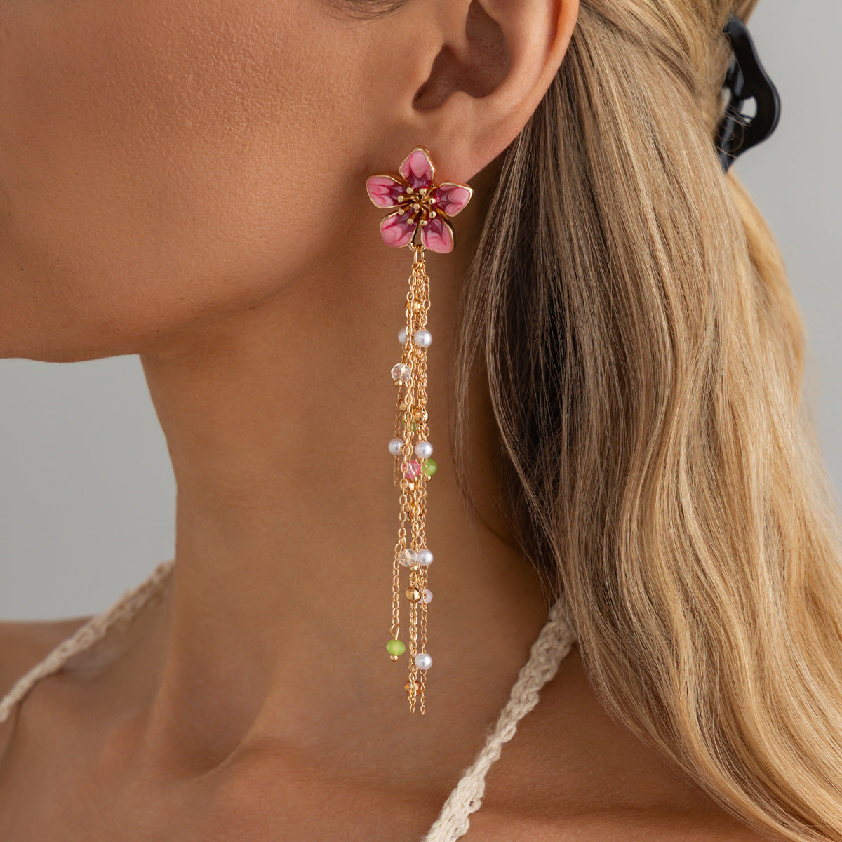 Sweet Fresh Holiday Imitation Pearl Tassel Pastoral Stud Earrings