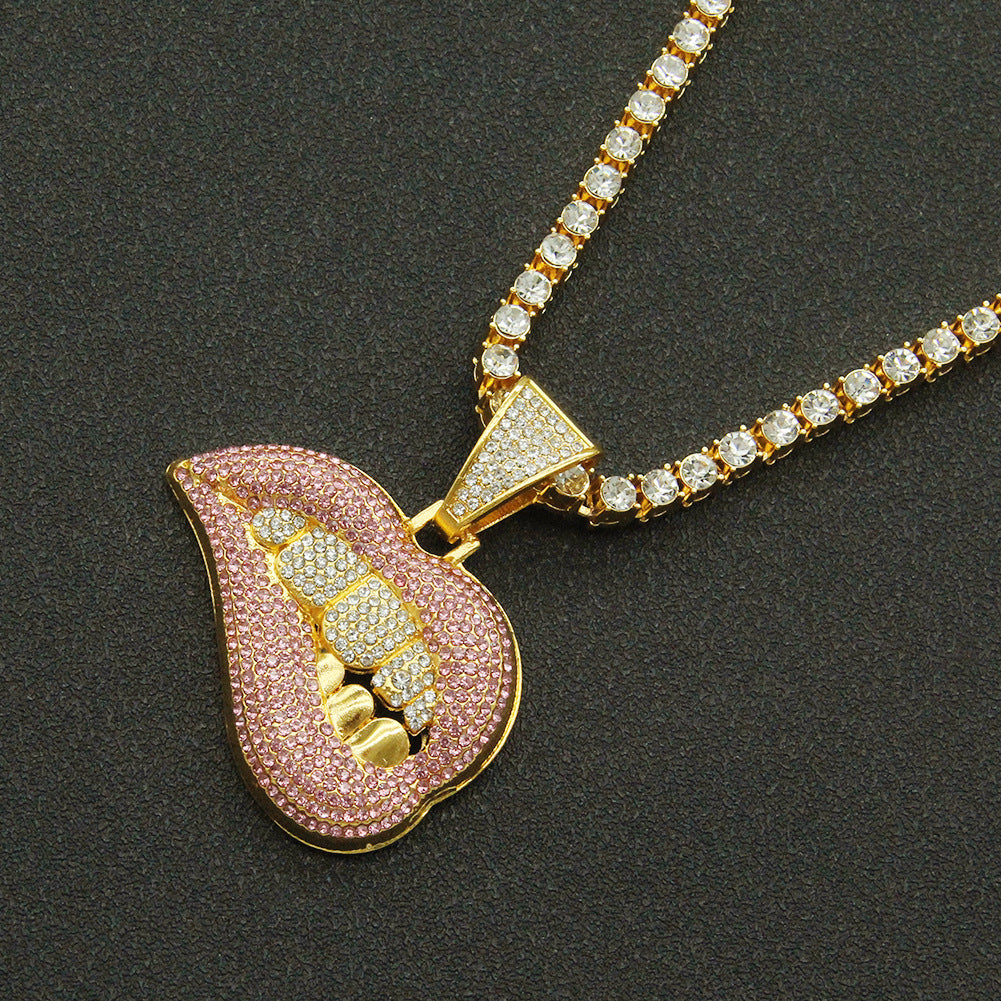 Men's Pink Lip Diamond Tooth Pendant Domineering Cool Necklaces