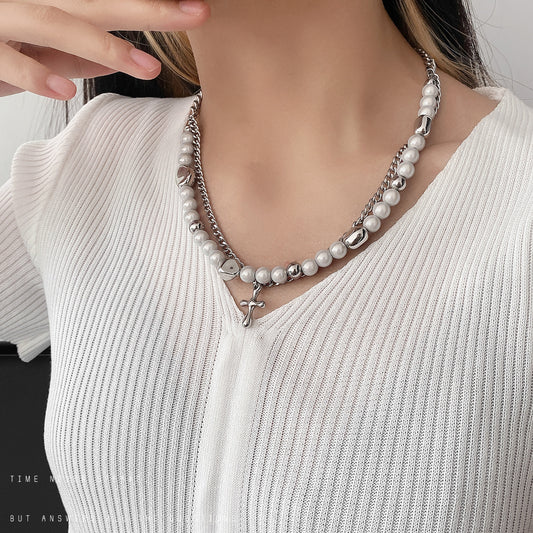 Cross Pendant Female Reflective Pearl Stitching Double Layer High Necklaces