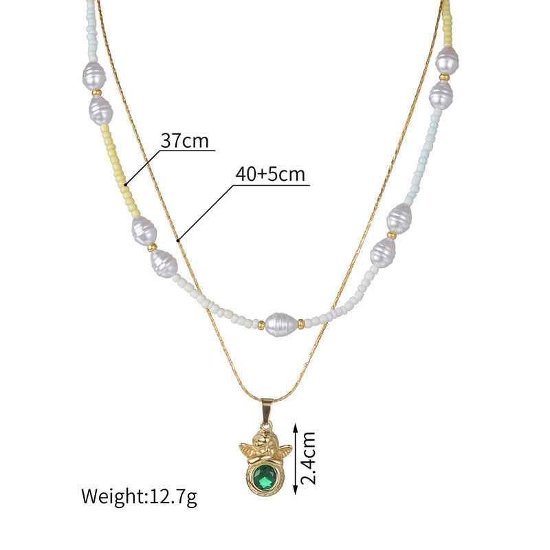 Steel Gold Plated Emerald Pendant Double Necklaces