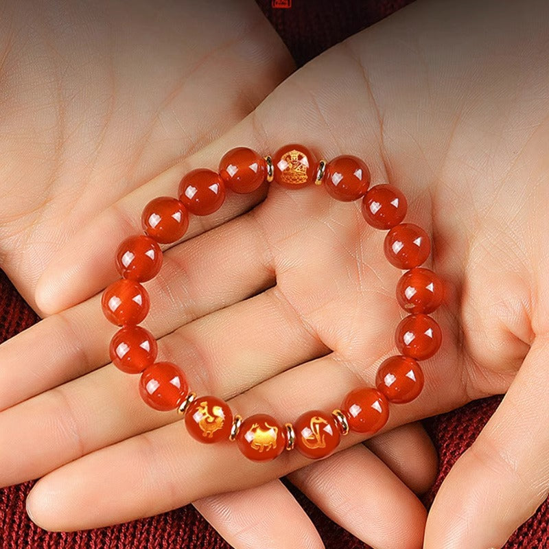 Bracelets 3-en-1 Bouddha Gardien du Zodiaque en Agate Rouge pour Homme