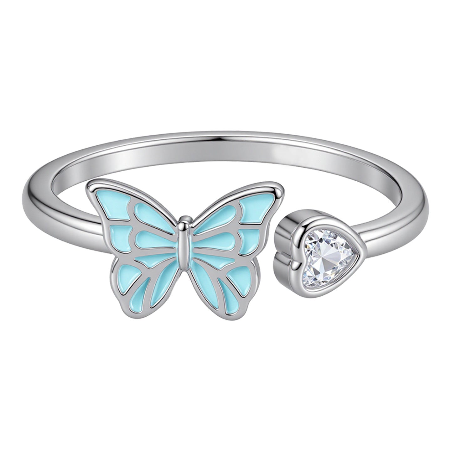 Light Blue Drip Glazed Butterfly Couple Environmental Protection Copper Heart-shaped Ring