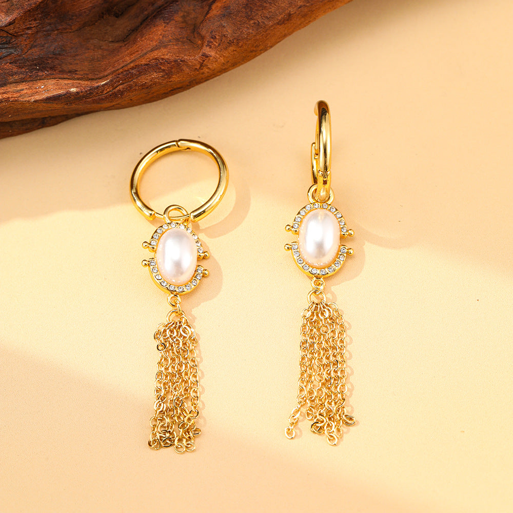Inlaid Pearl Tassel Ear Clip High Sense Special Interest Light Earrings