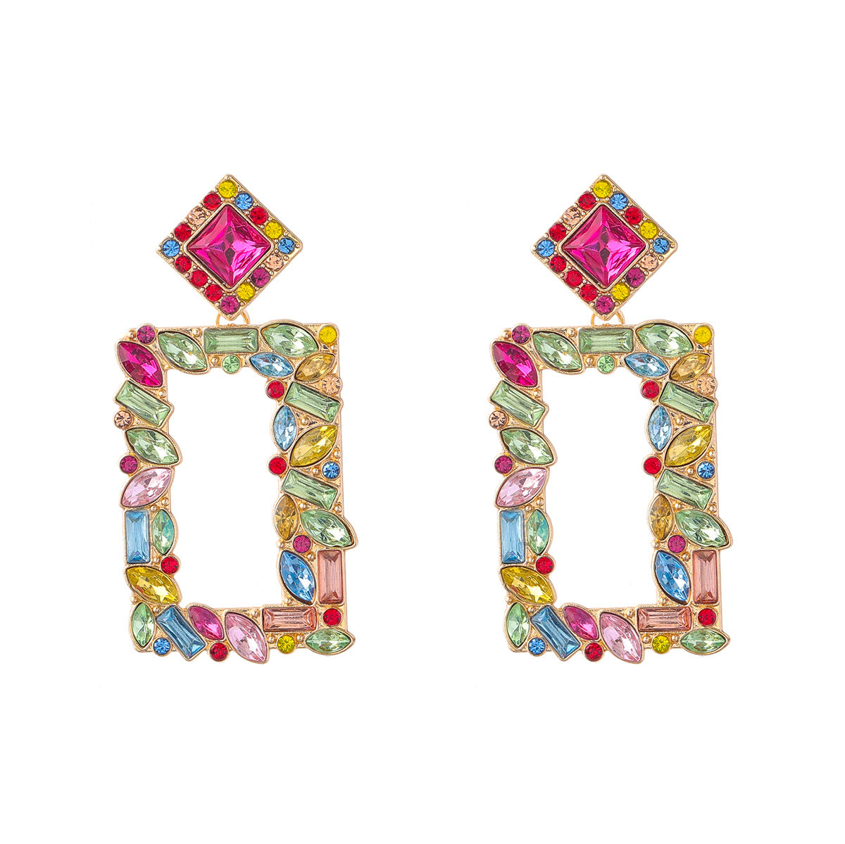 Women's Rectangular Alloy Diamond Rhinestone Colorful Crystals Geometric Earrings