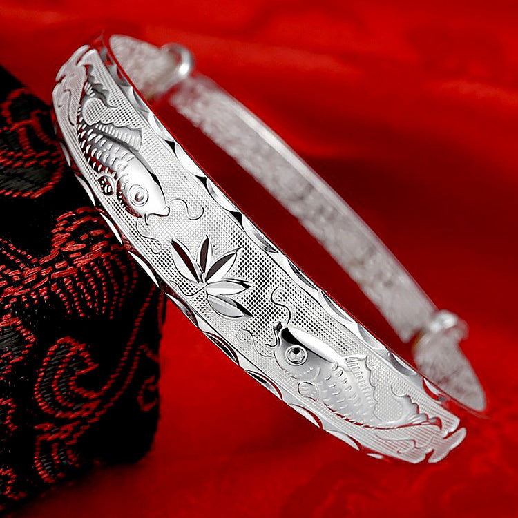 Ancient Style Double Fish Lotus Sier-plated Temperament Bracelet