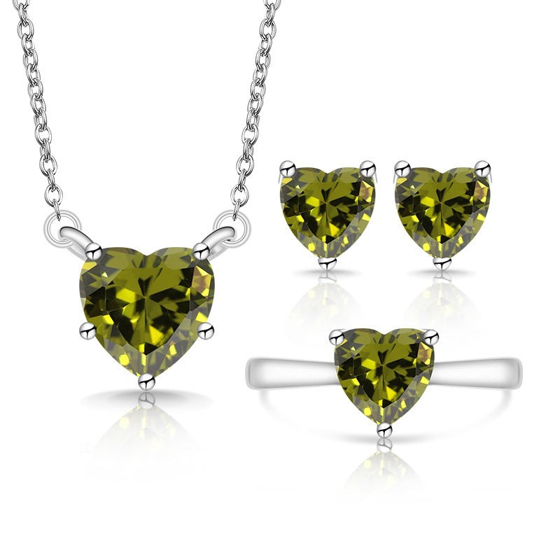 Fashion Trendy Heart-shaped Zircon Colored Gems Korean Style Love Crystal Jewelry Set