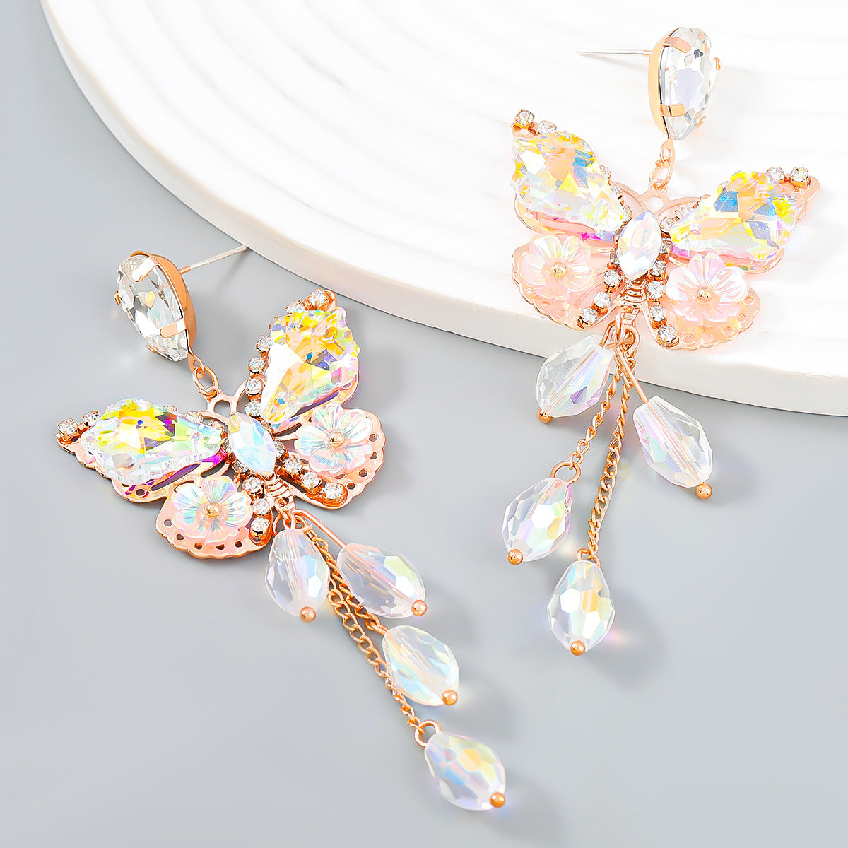 Exaggerated Alloy Diamond Butterfly Flower Long Earrings