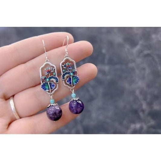 Fashion Sterling Sier Vintage Cloisonne Craft Colored Glaze Lotus Leaf Earrings