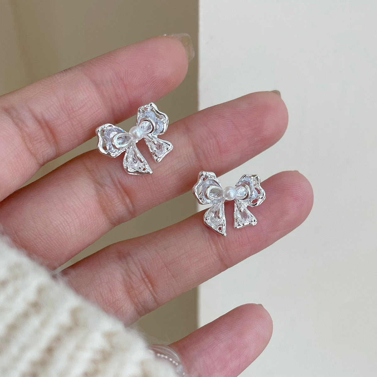 Pink Zircon Bow Female Sier Needle Korean Earrings