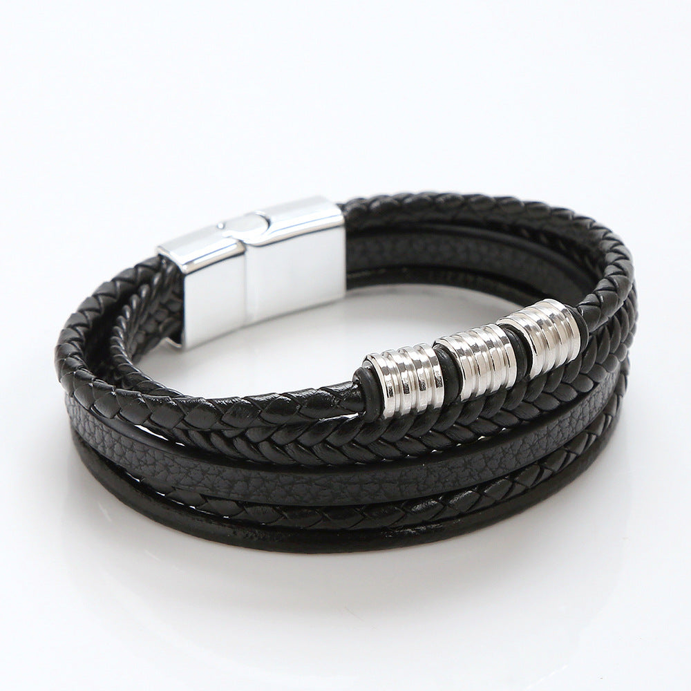 Men's Stainless Steel Woven Leather Magnetic Buckle Bracelets