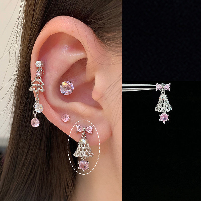 Pink Christmas Devil Ear Bone Snowflake Titanium Stud Earrings