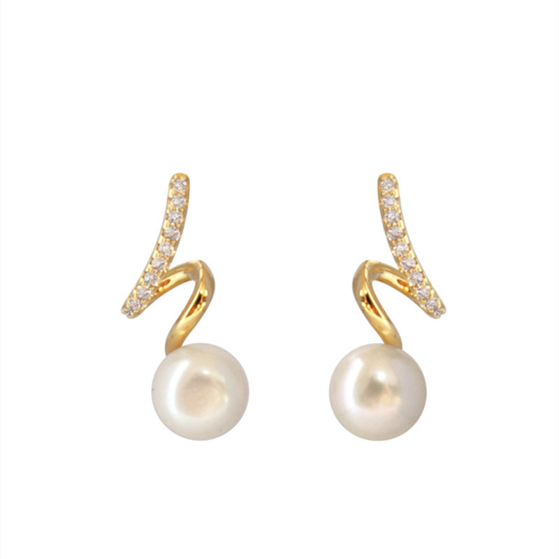 Women's Needle Design Twisted Rhinestone Pearl Simple Earrings